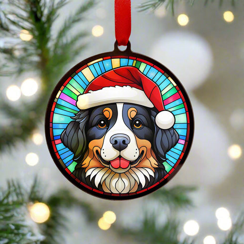 Bernese Mountain Dog in Santa Hat Suncatcher Decoration
